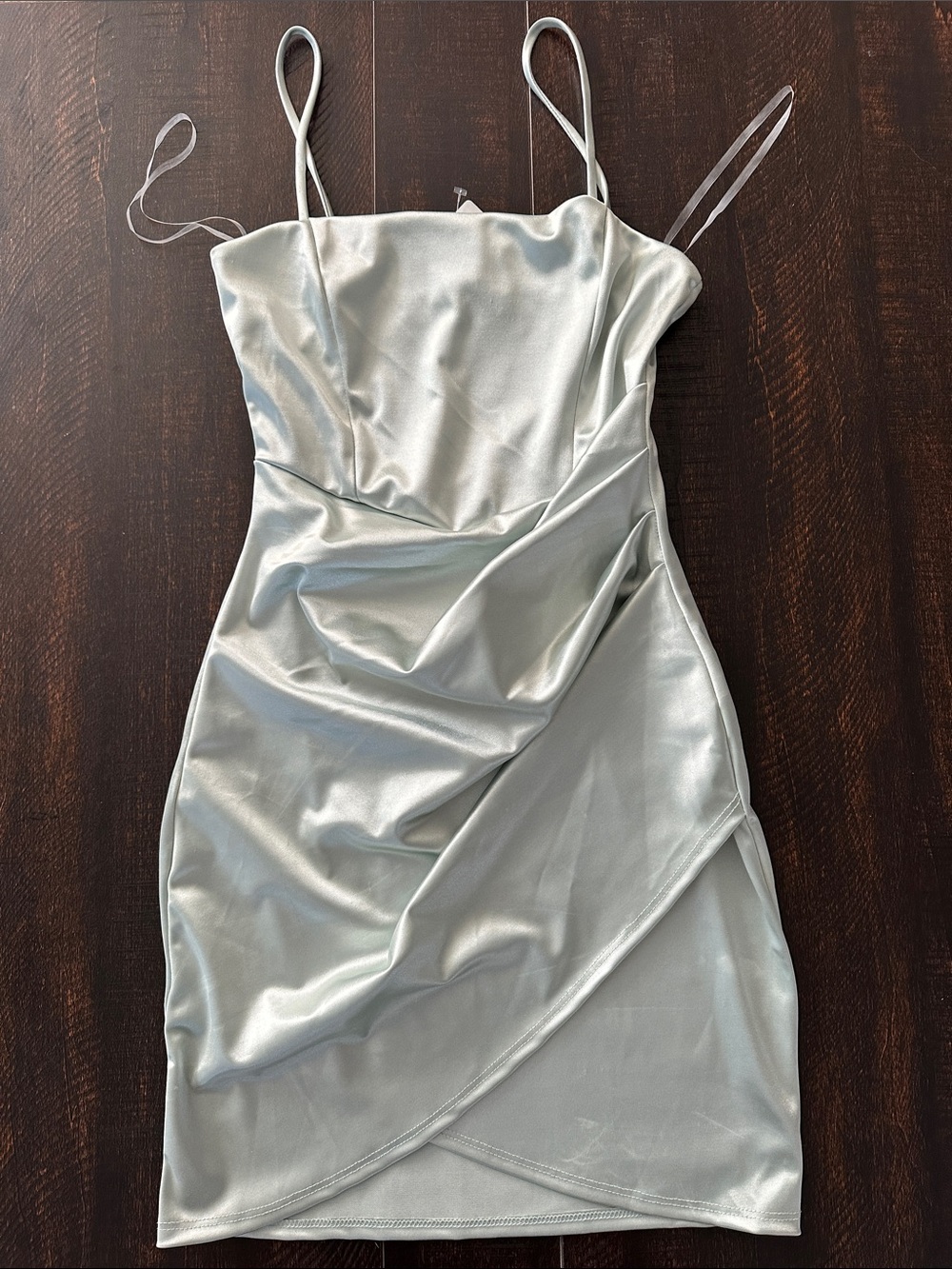 Windsor Silver Satin Draped Spaghetti-Strap Mini Dress